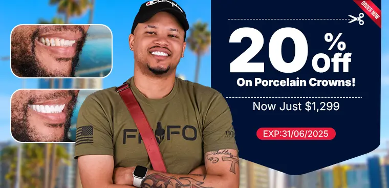 $1,299 Single porcelain crown, available promo Dental Expressions